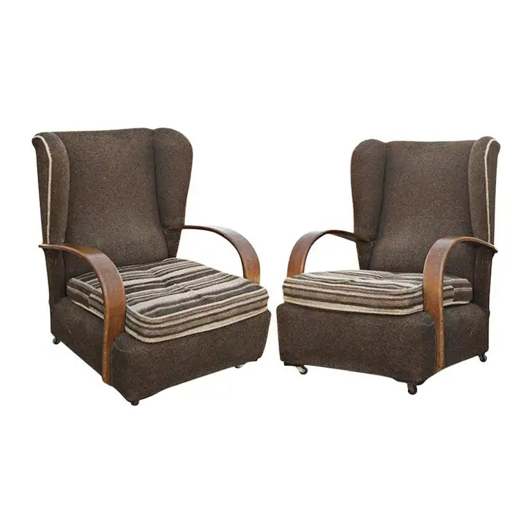 Vintage Art Deco Scrolled Arms Wing Chairs Pair