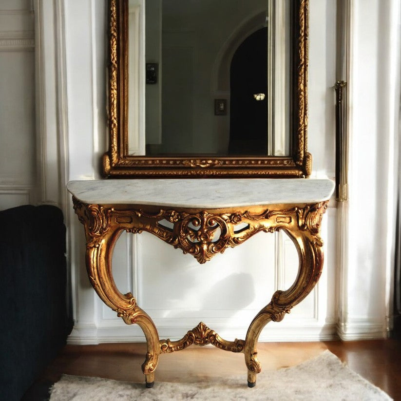 19th Century Italian Rococo Style Wall Mount Giltwood Marble Console Table