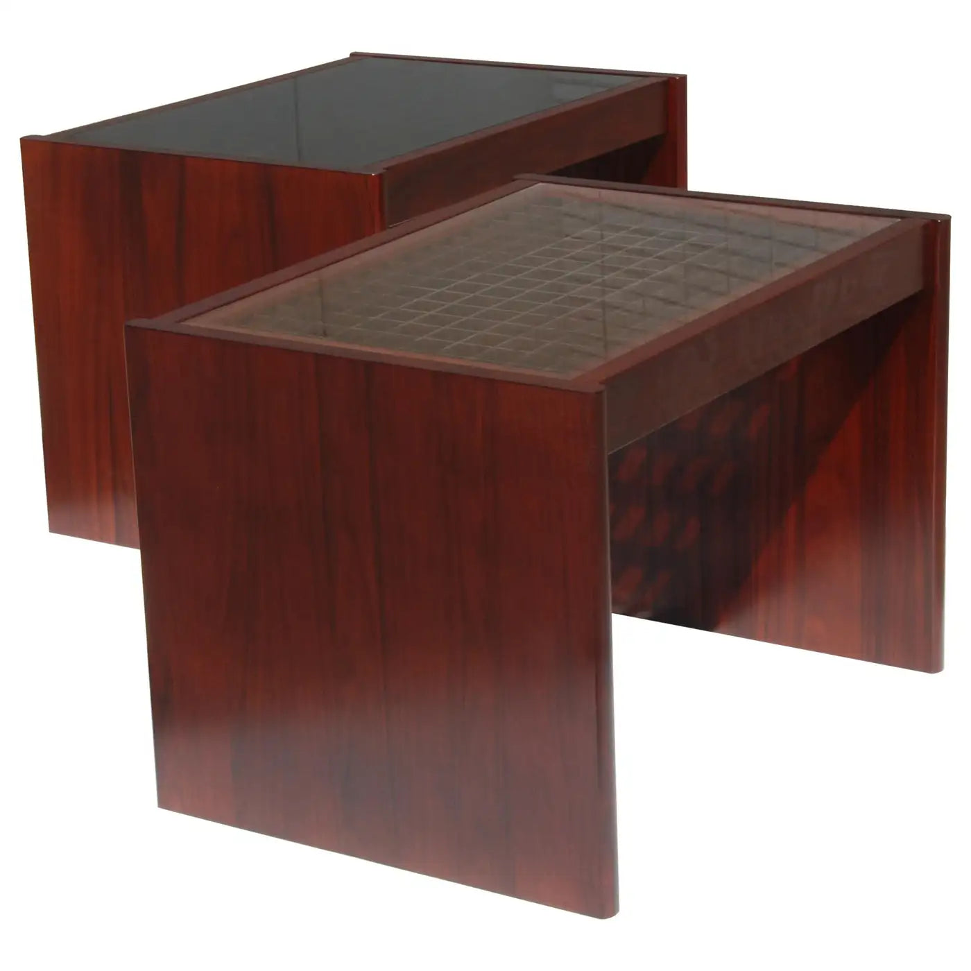 Pair of Komfort Danish Modern Rosewood End Side Tables with Geometric Grid