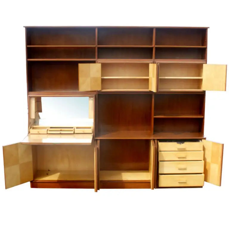 92″ Vintage Mid Century Exotic Burl Wall Unit Entertainment (MR9627)