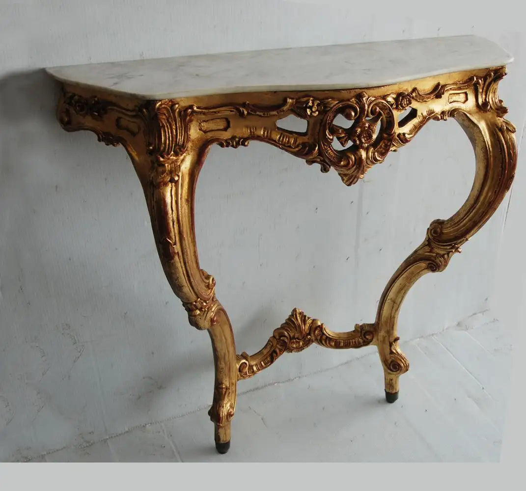 19th Century Italian Rococo Style Wall Mount Giltwood Marble Console Table