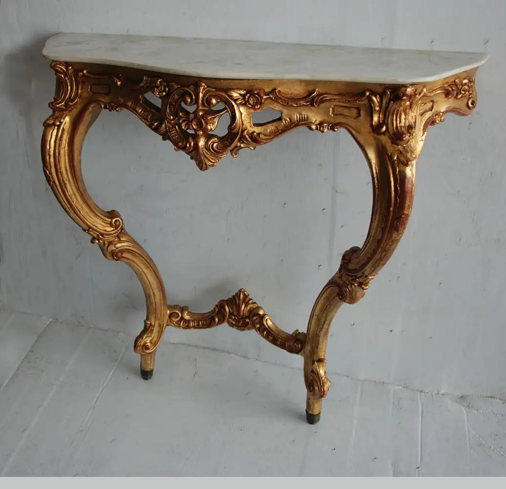 19th Century Italian Rococo Style Wall Mount Giltwood Marble Console Table