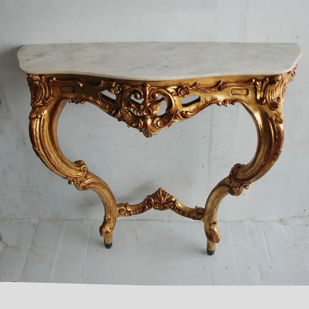 19th Century Italian Rococo Style Wall Mount Giltwood Marble Console Table