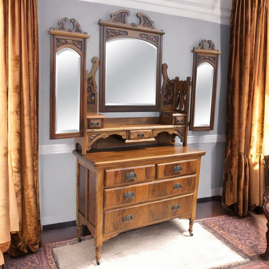 Antique Victorian Walnut Mirrored Vanity Dresser