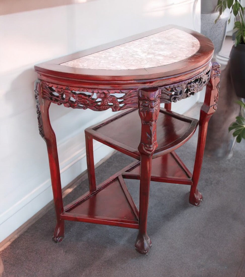 Chin Hua Carved Demilune Marble Console