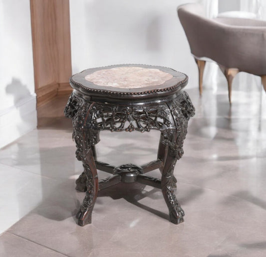 Chinese Hardwood Pot Stand with Marble Inset Top