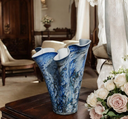 Hand Blown Fazzoletto Murano Style Folded Blue Vase