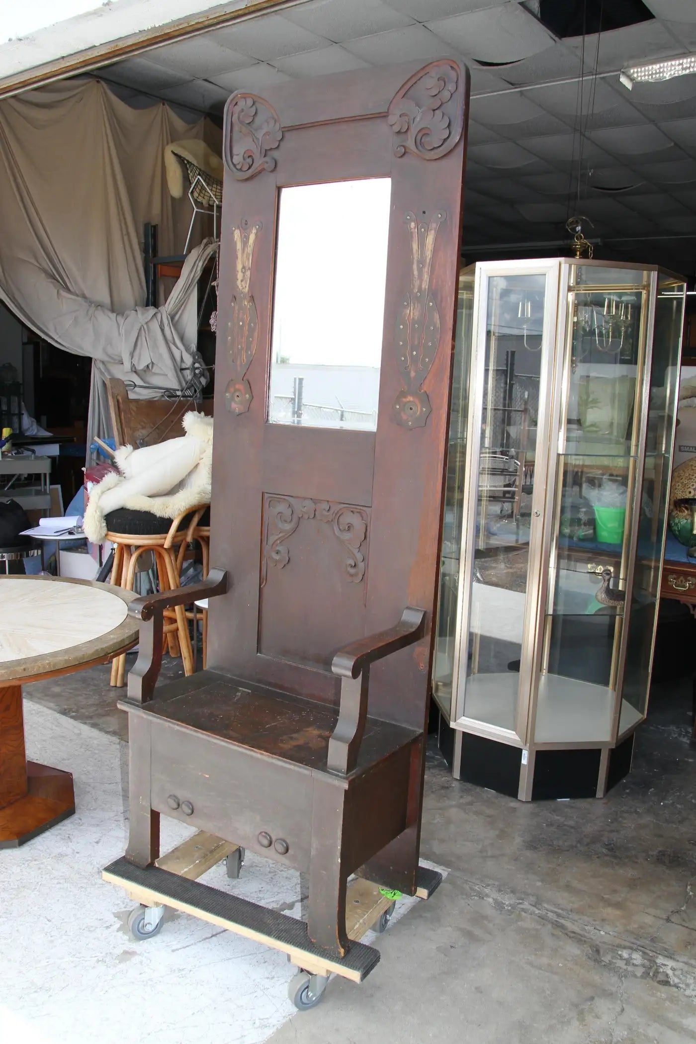 American Antique Oak Hall Tree with Storage Bench