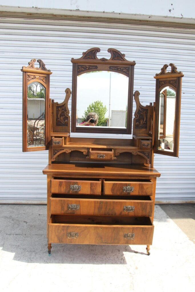 Antique Victorian Walnut Mirrored Vanity Dresser