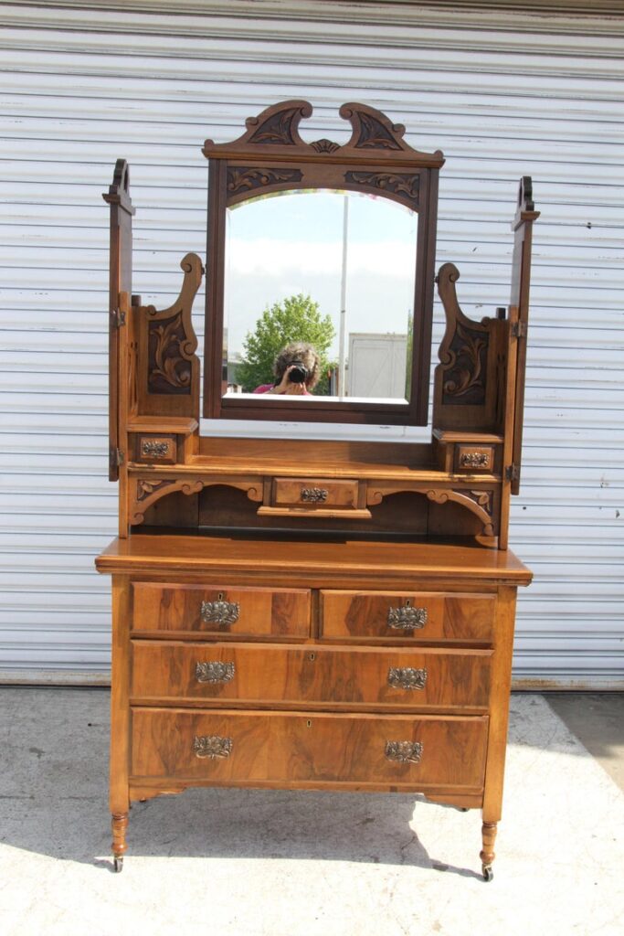 Antique Victorian Walnut Mirrored Vanity Dresser