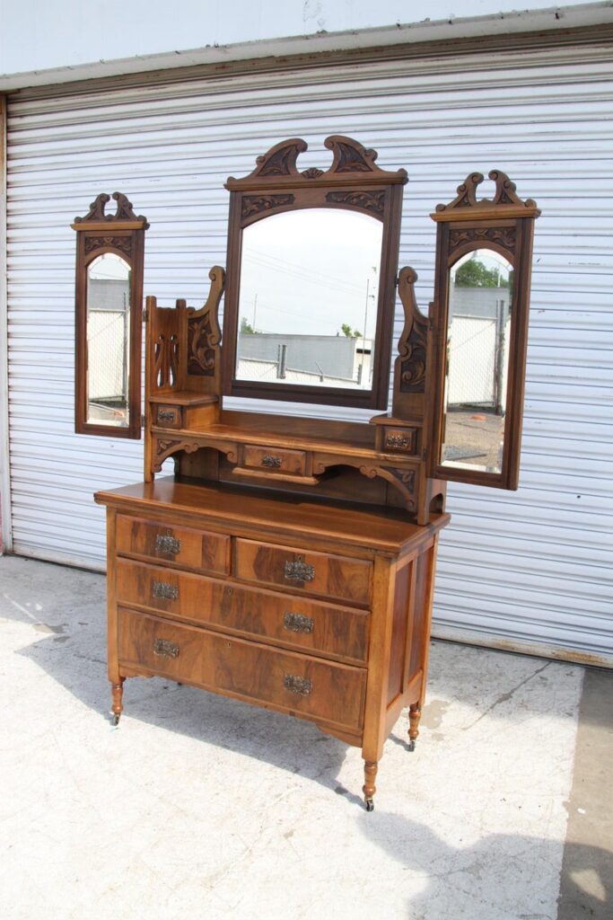 Antique Victorian Walnut Mirrored Vanity Dresser