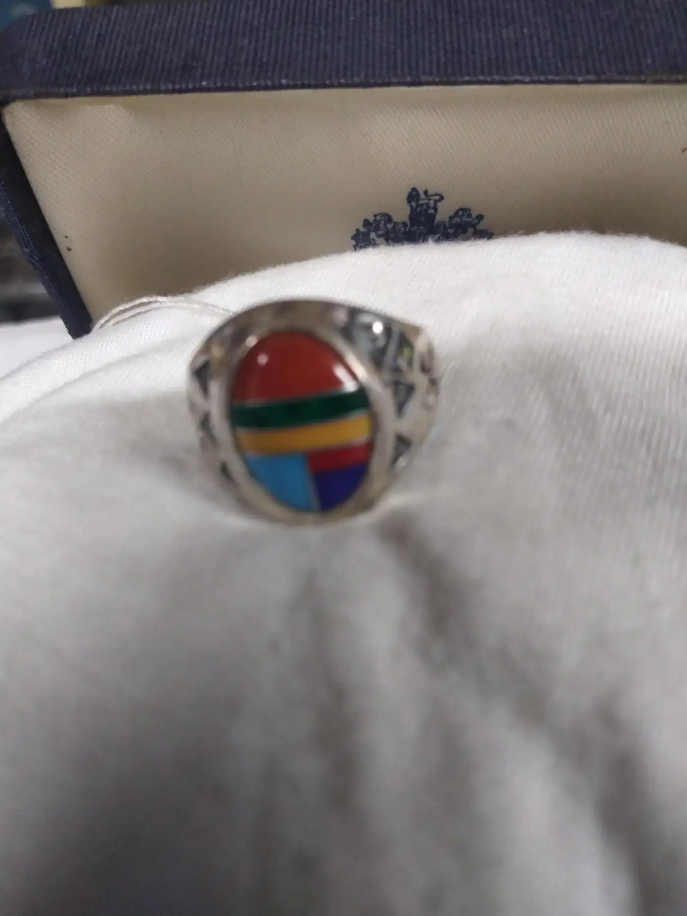 Richard Begay Sterling Silver Navajo Ring w/ Semi-precious stones