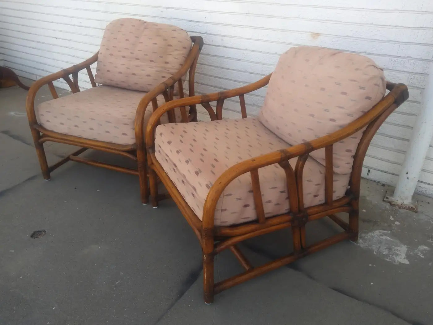 Rare Pair of Ficks Reed Bamboo Boho Chic Lounge Chairs (sofa & ottoman)