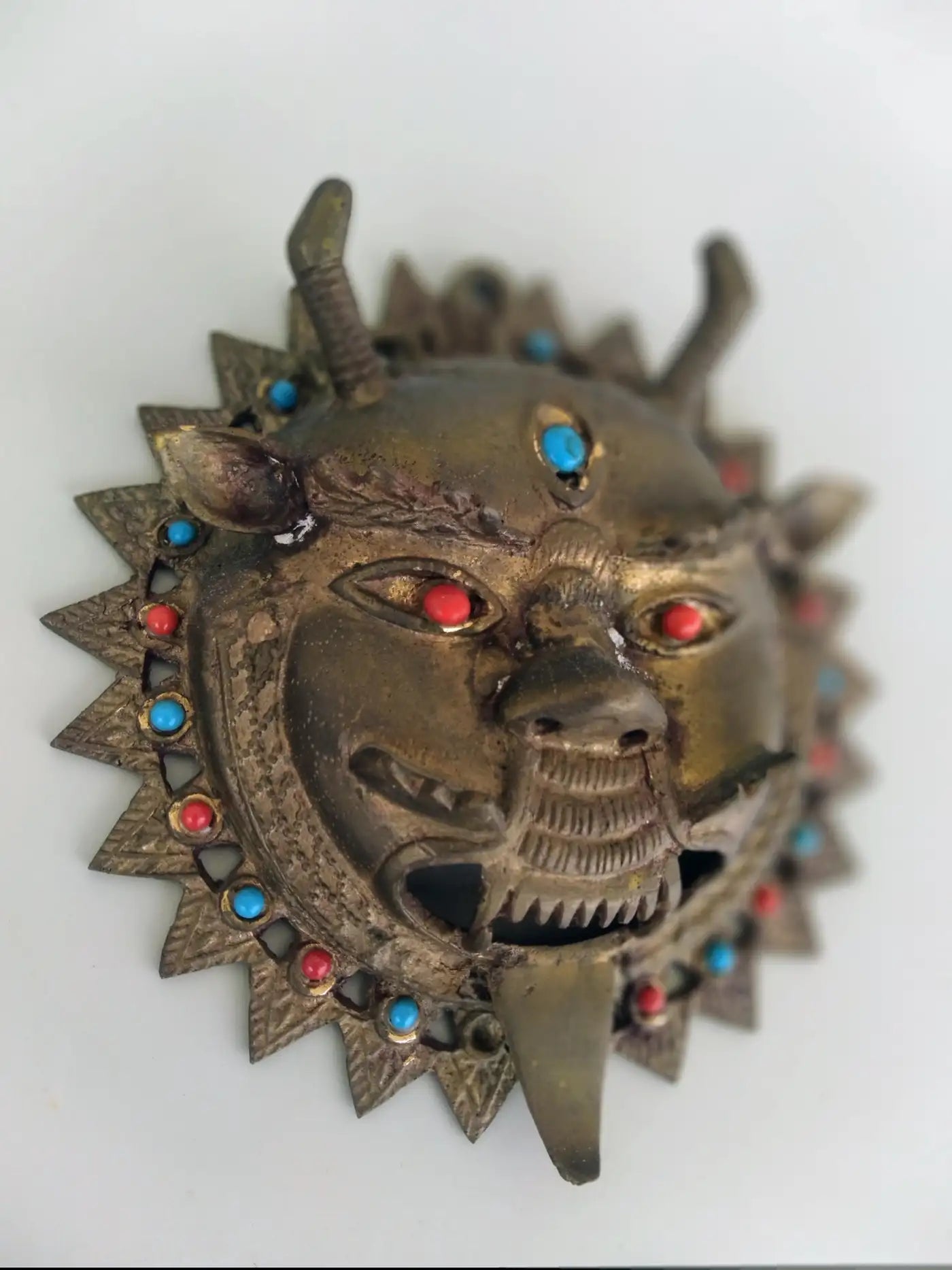 Brass Bejeweled Mask from India