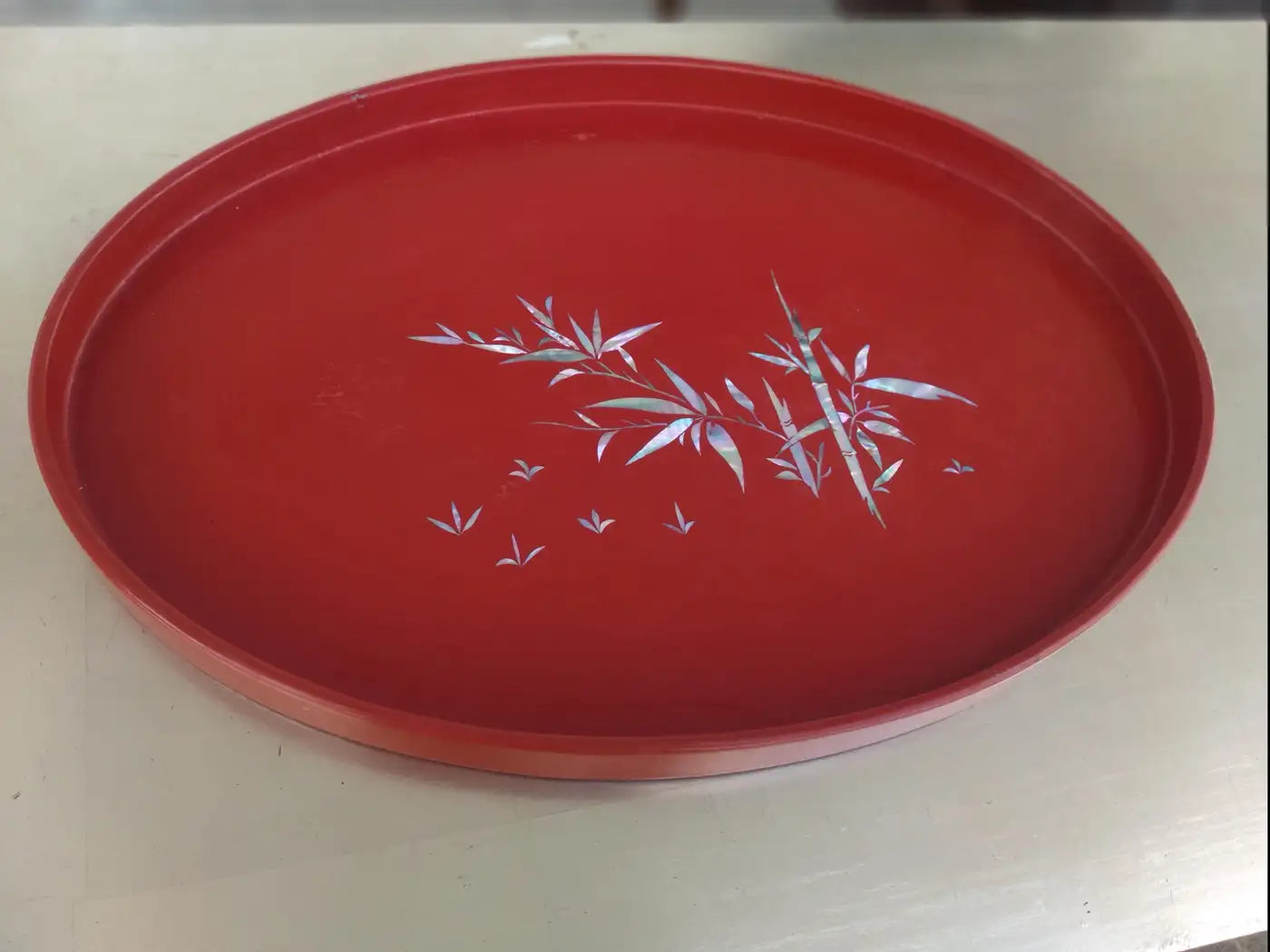 Chinese Red Lacquer Serving Tray with Mother of Pearl Inlay