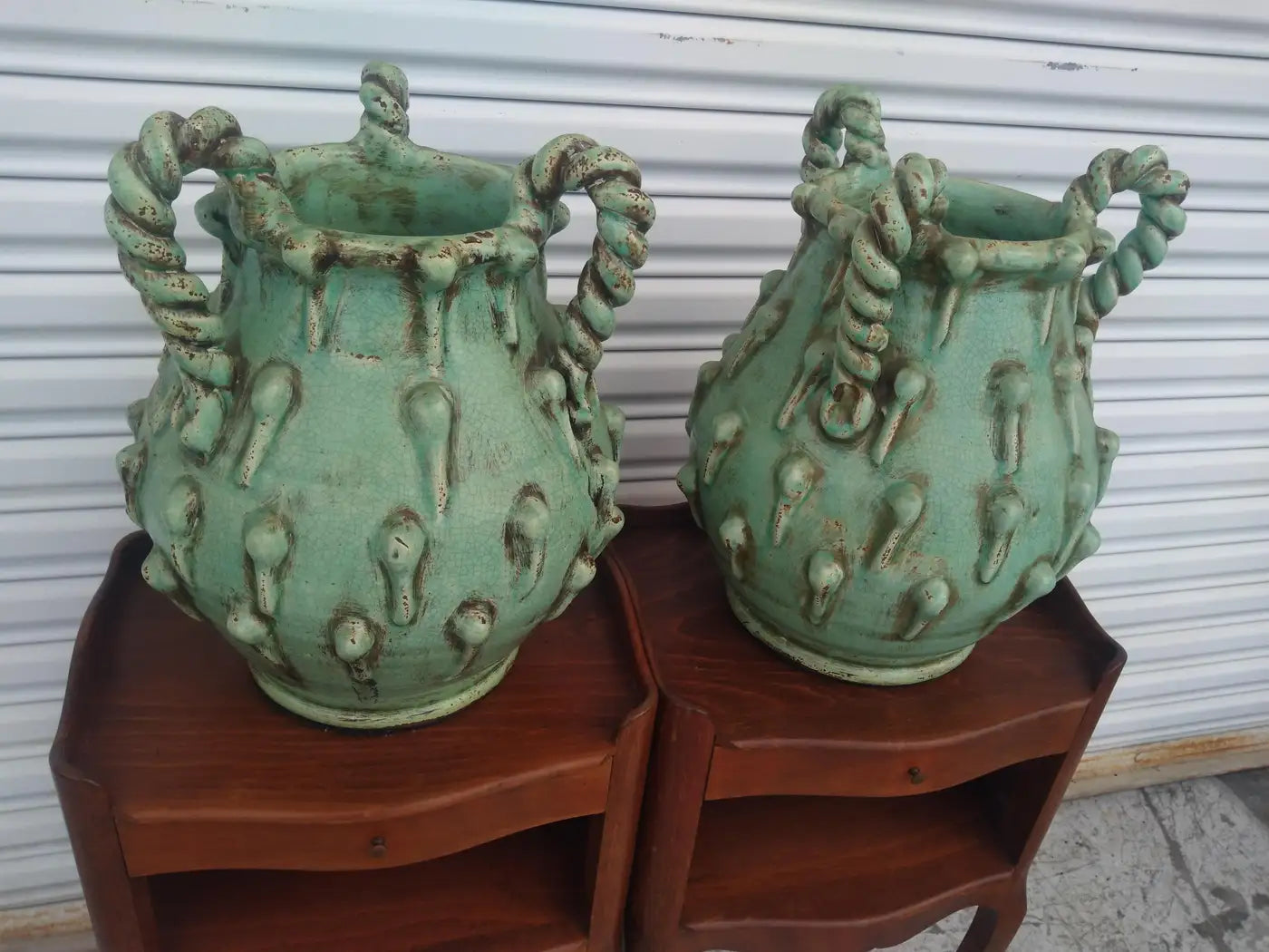 Pair of Sculptural Lime Green Vases