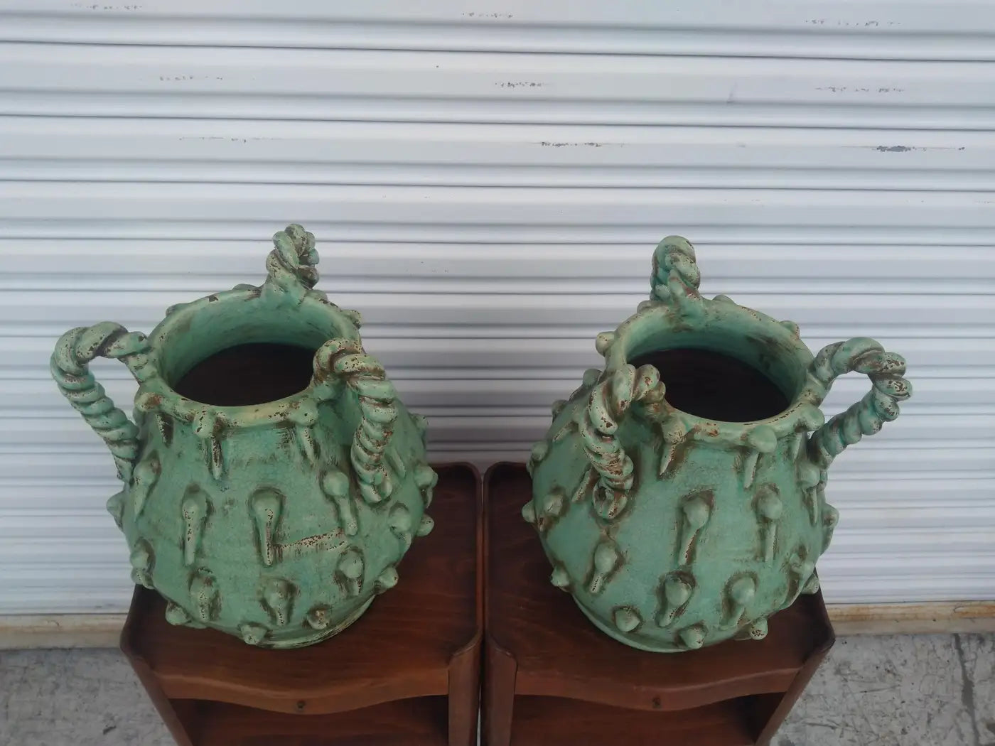 Pair of Sculptural Lime Green Vases