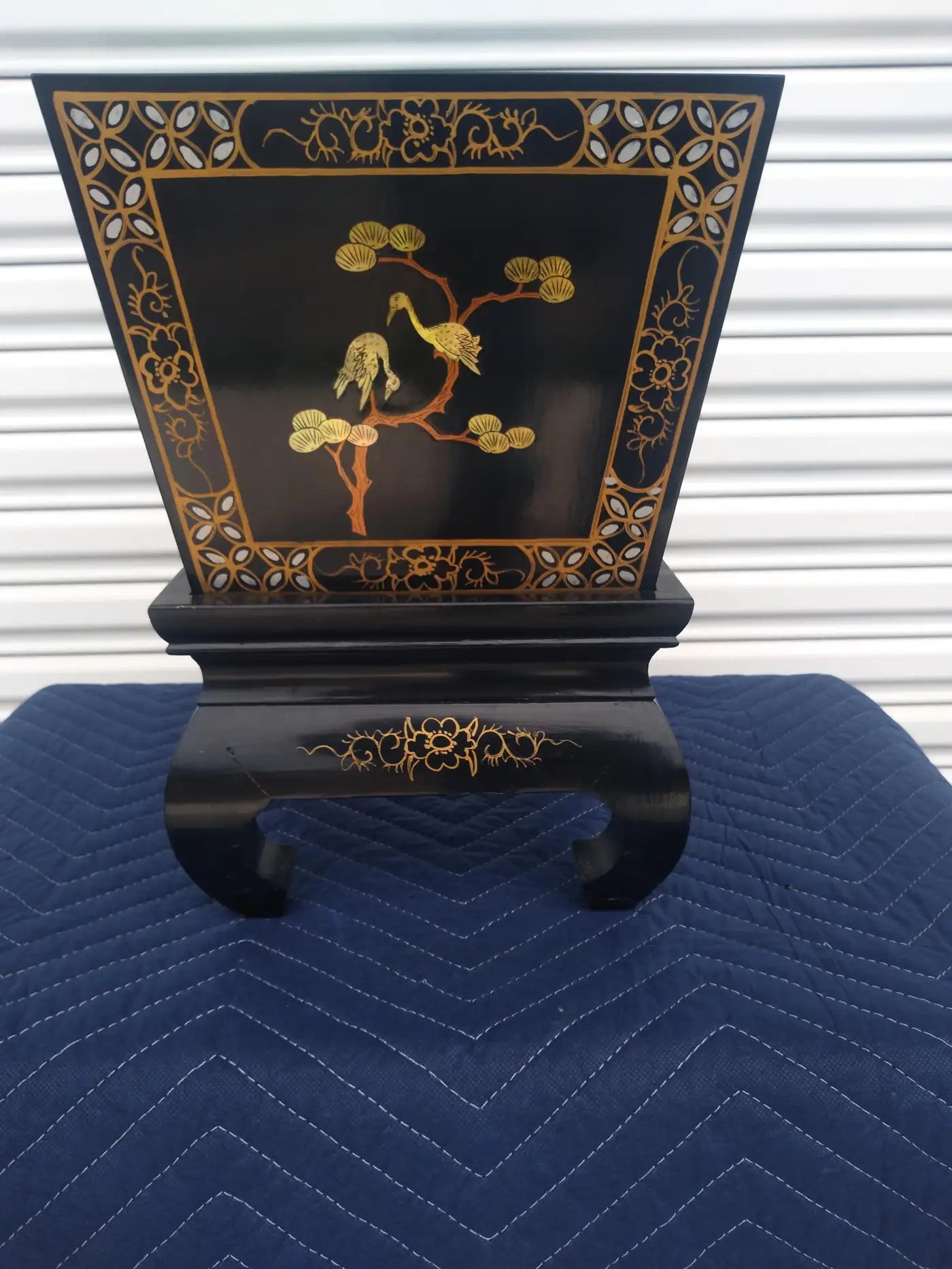 Black Lacquer Asian Inspired Planter on Stand