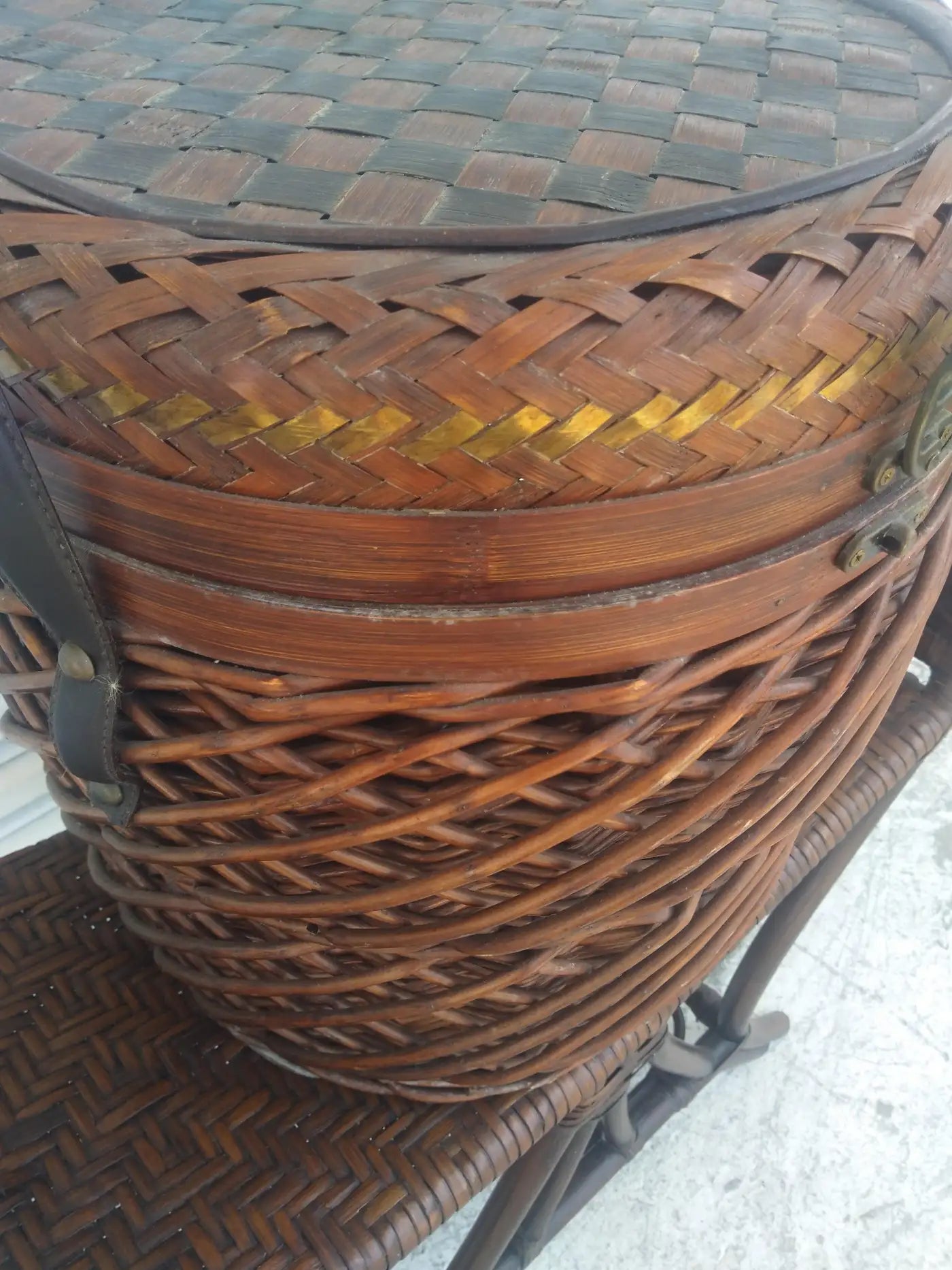 Handwoven Wicker Basket w/ Brass inlay