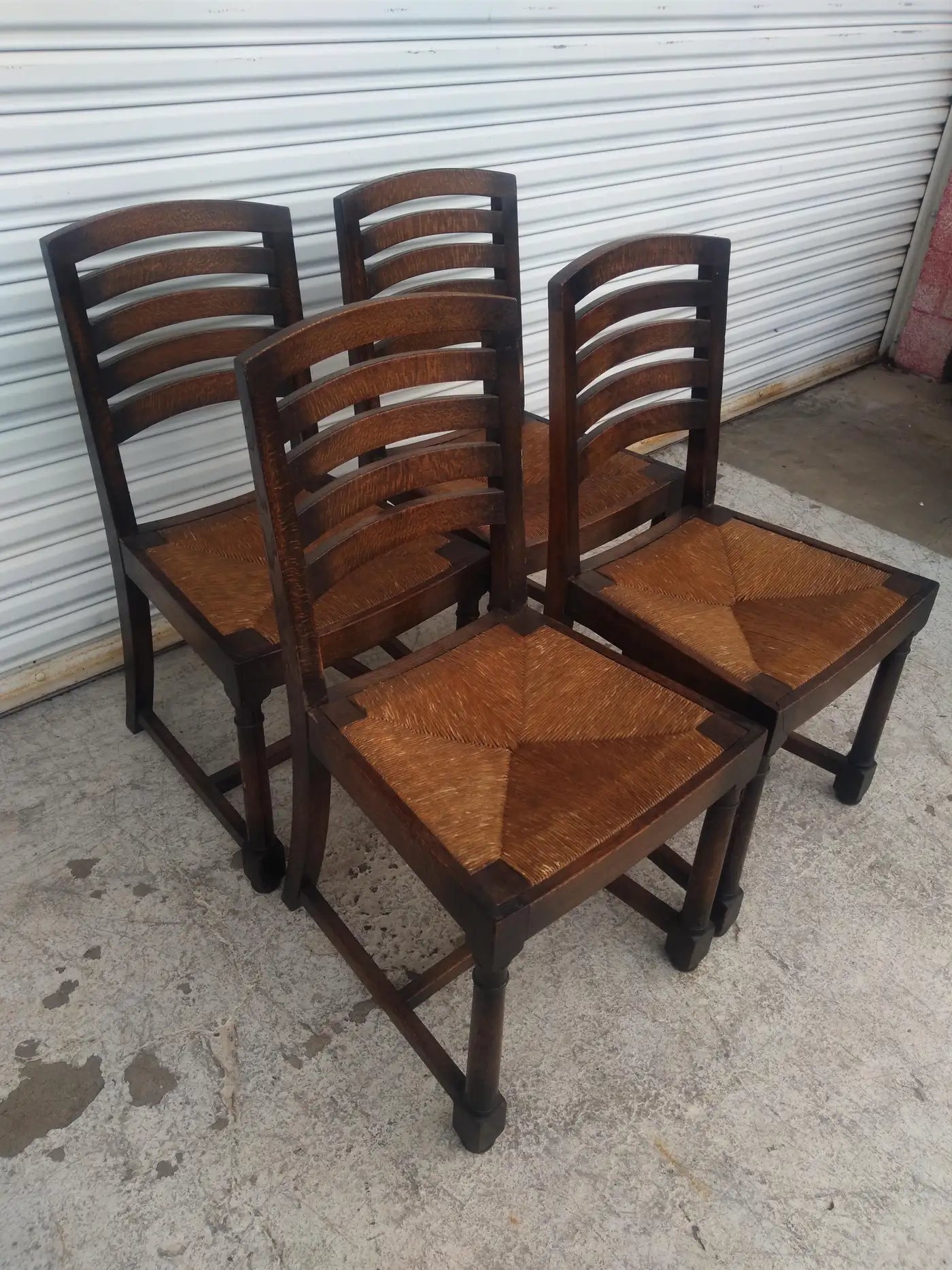 Set of 6 English Oak Ladderback Rush Bottom Seat Dining Chairs