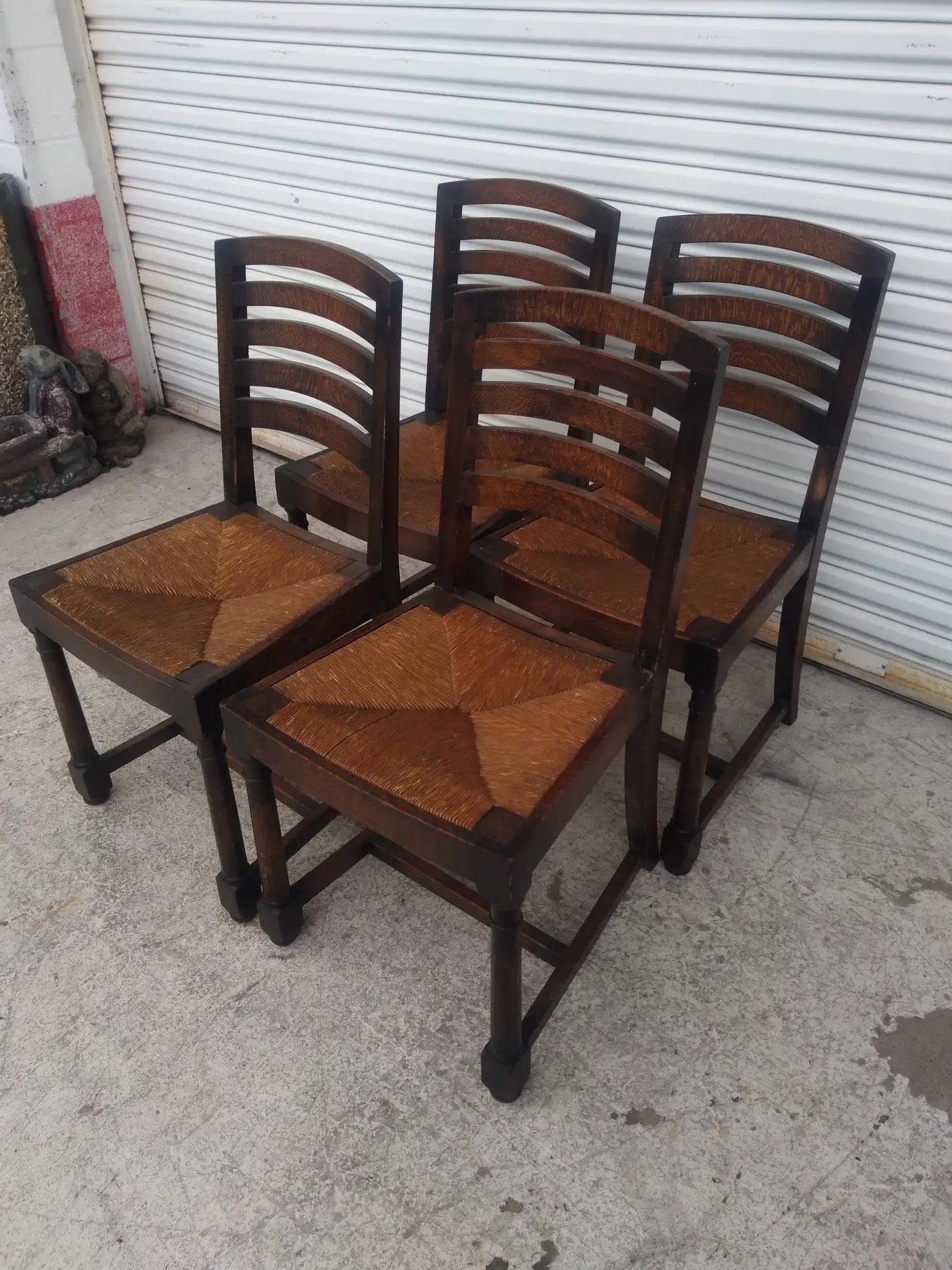 Set of 6 English Oak Ladderback Rush Bottom Seat Dining Chairs