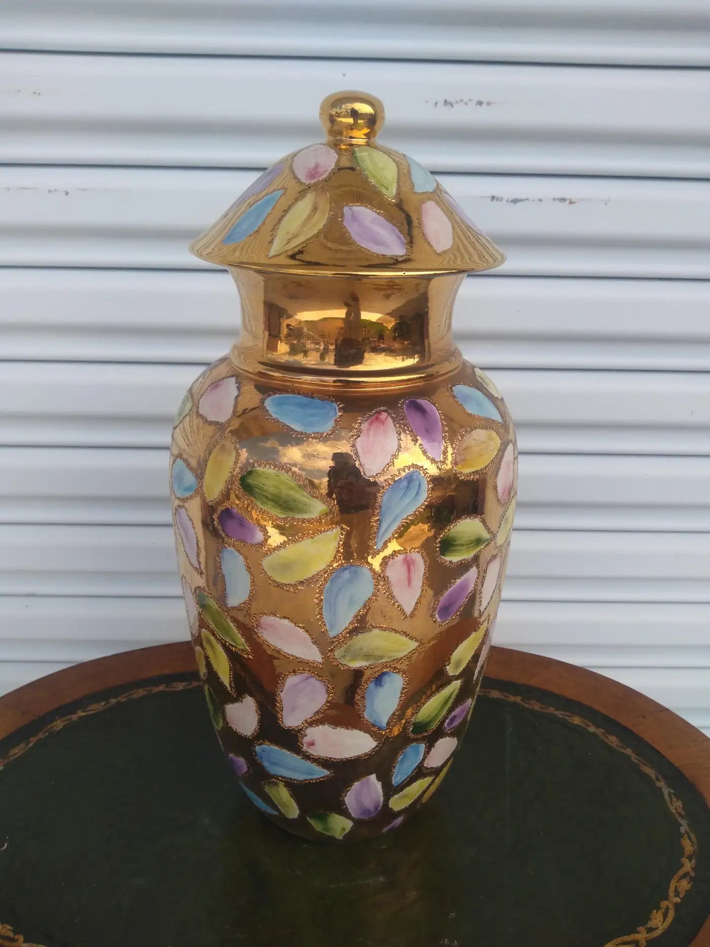 Large Hand painted Gold Ginger Jar Signed E.S.