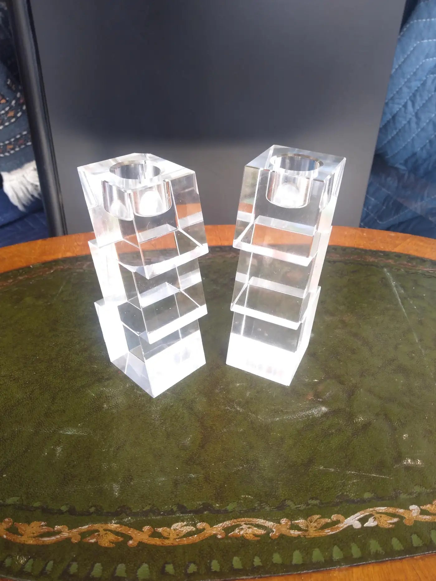 Pair of Oleg Cassini Crystal Stacked Cube Candleholders