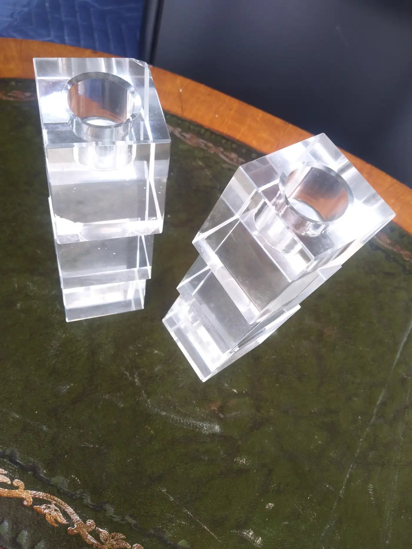 Pair of Oleg Cassini Crystal Stacked Cube Candleholders