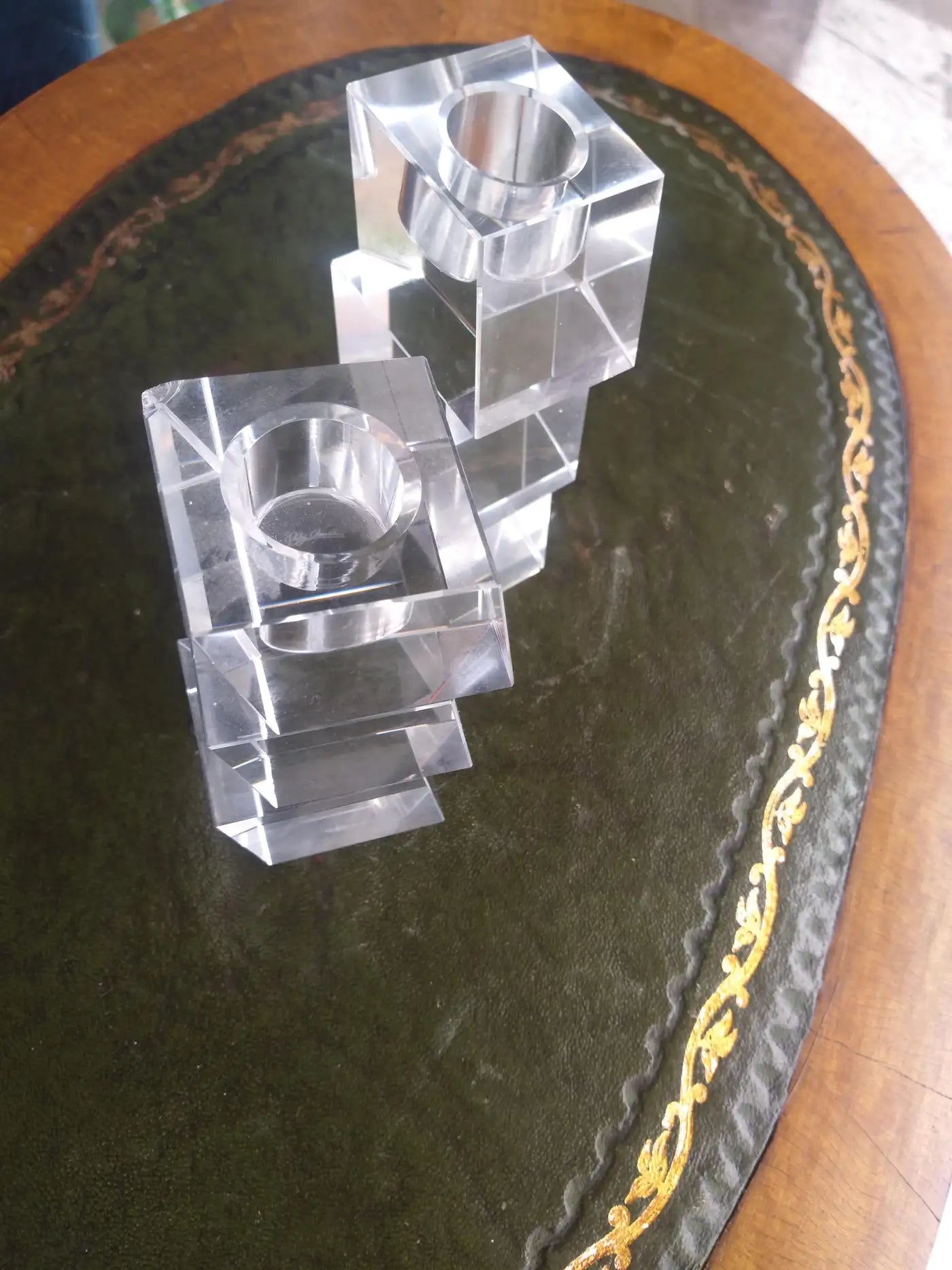 Pair of Oleg Cassini Crystal Stacked Cube Candleholders