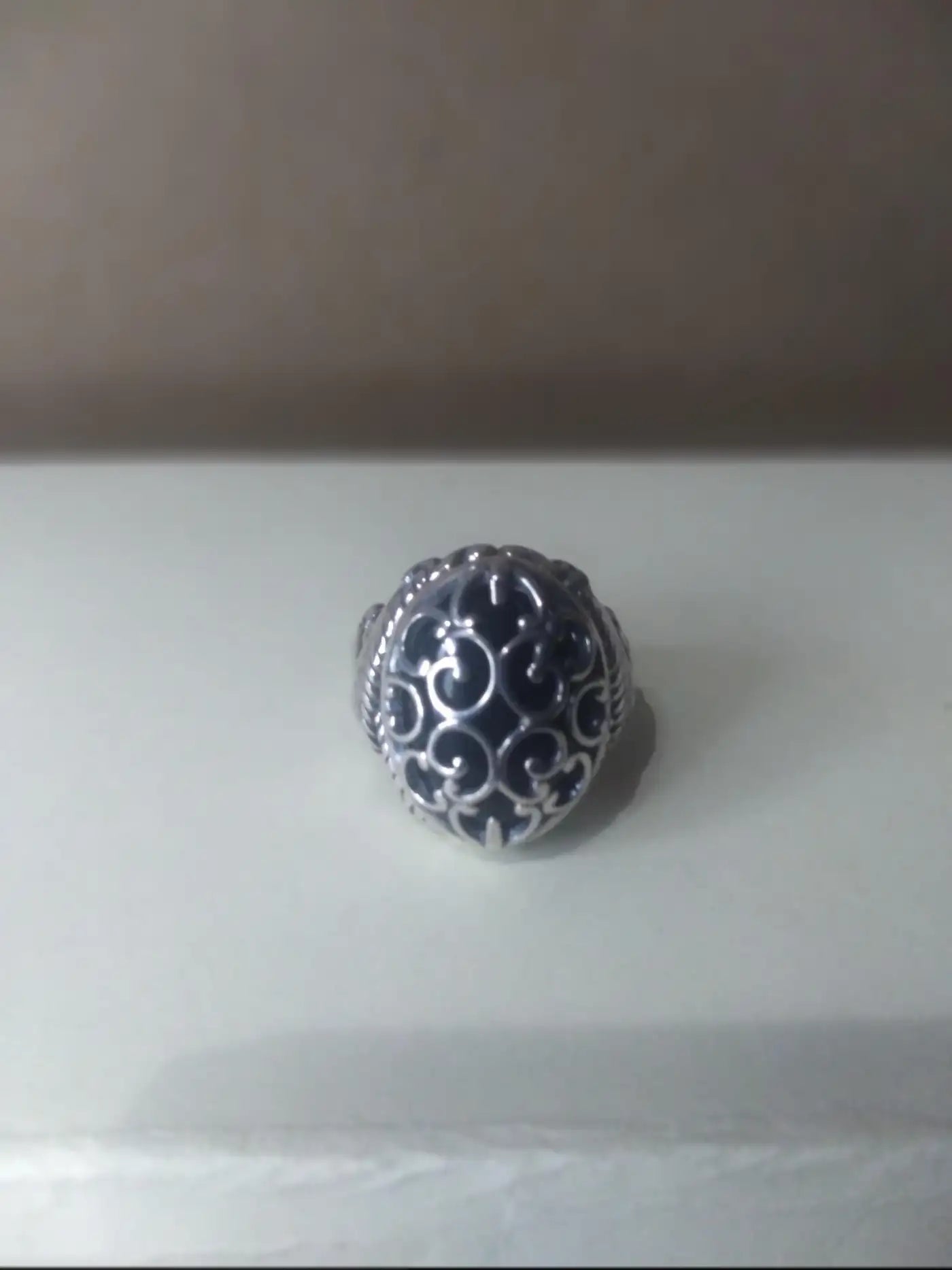 Large Sterling Silver Ring with Filligree over Onyx size 9