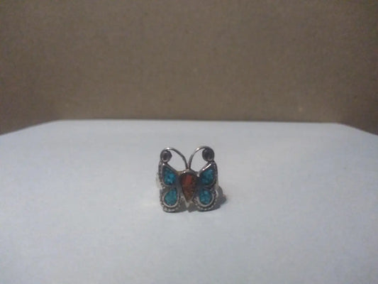 Handcrafted Sterling Silver Butterfly Ring w/ Turquoise and Coral setting