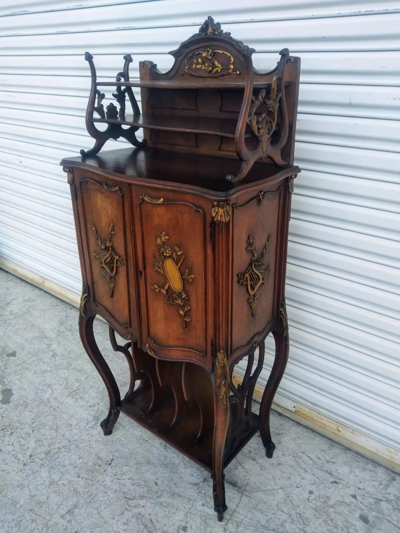 Antique French Walnut Music Cabinet with Gilt Accents