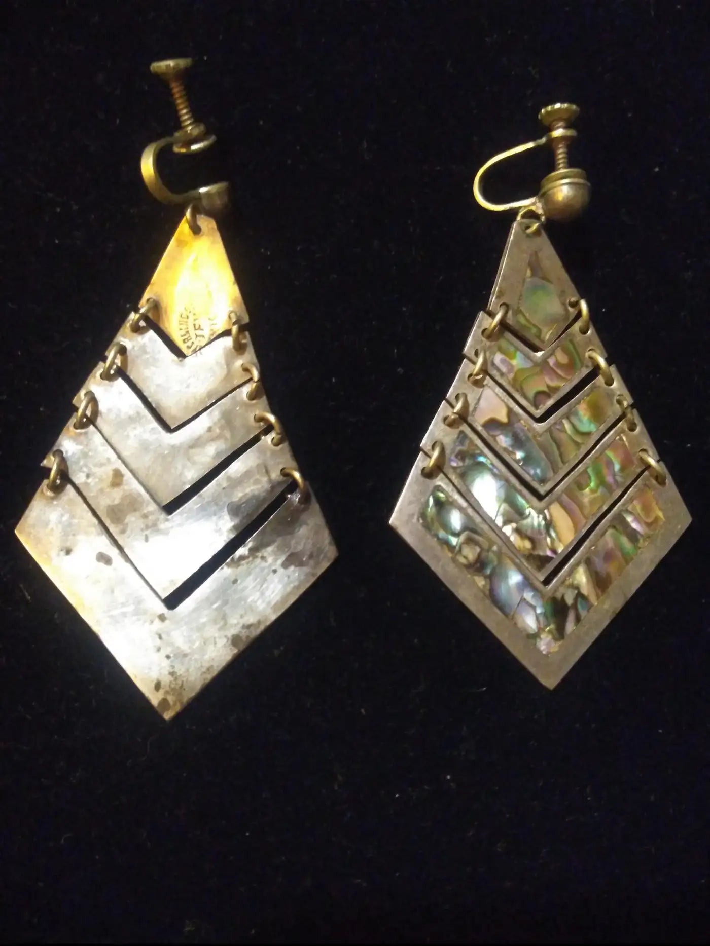 Pair of Mexican Silver TFV Pyramid Earrings with Abalone Accents