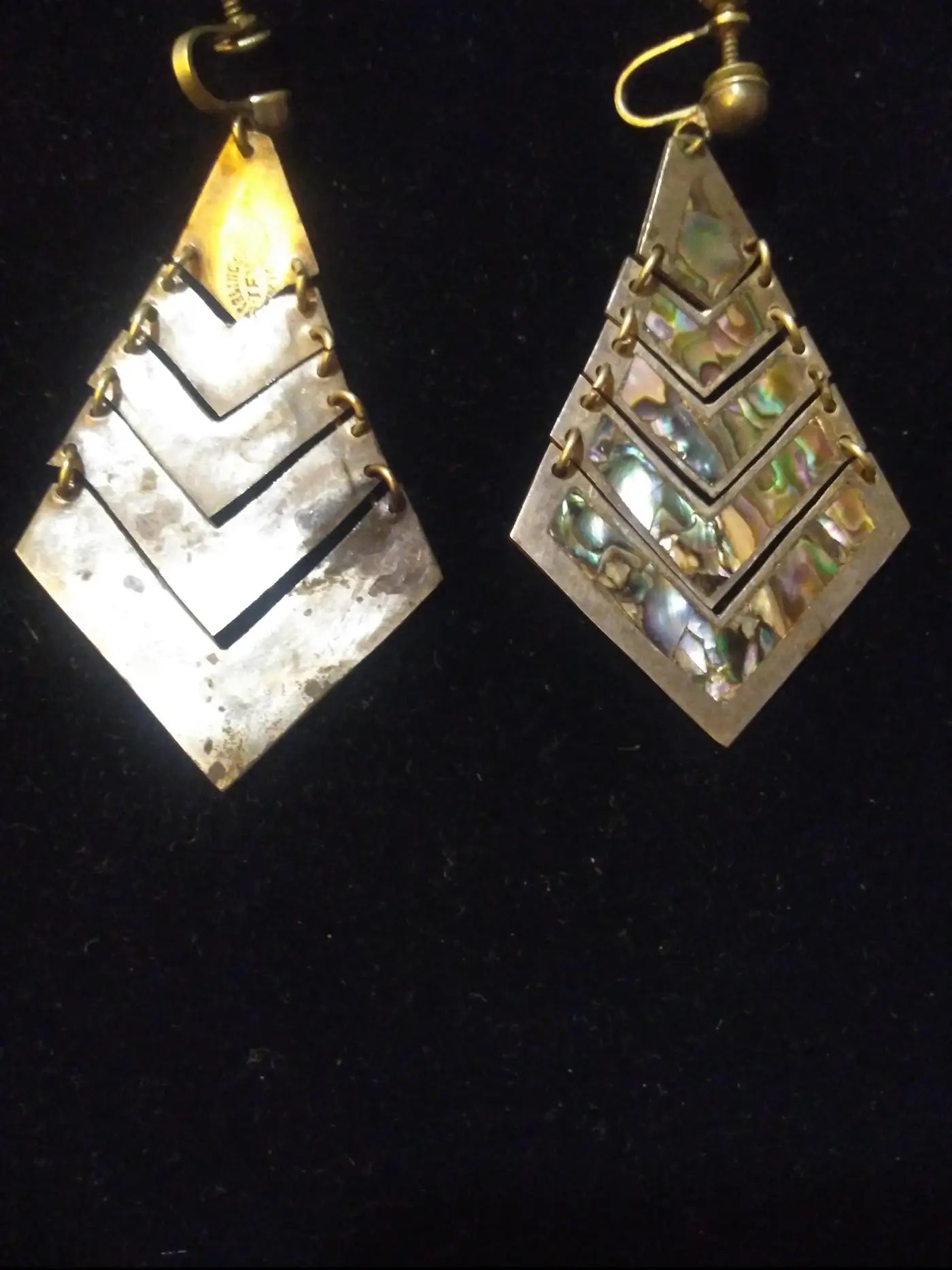 Pair of Mexican Silver TFV Pyramid Earrings with Abalone Accents