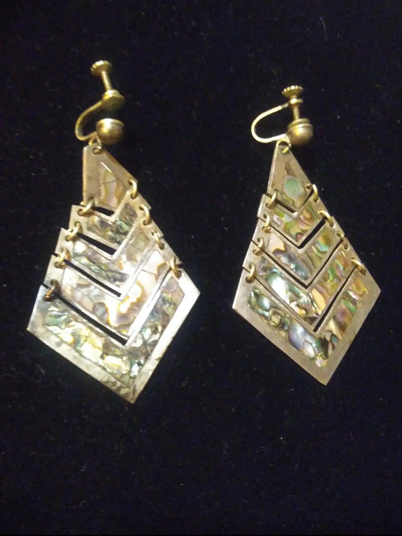 Pair of Mexican Silver TFV Pyramid Earrings with Abalone Accents