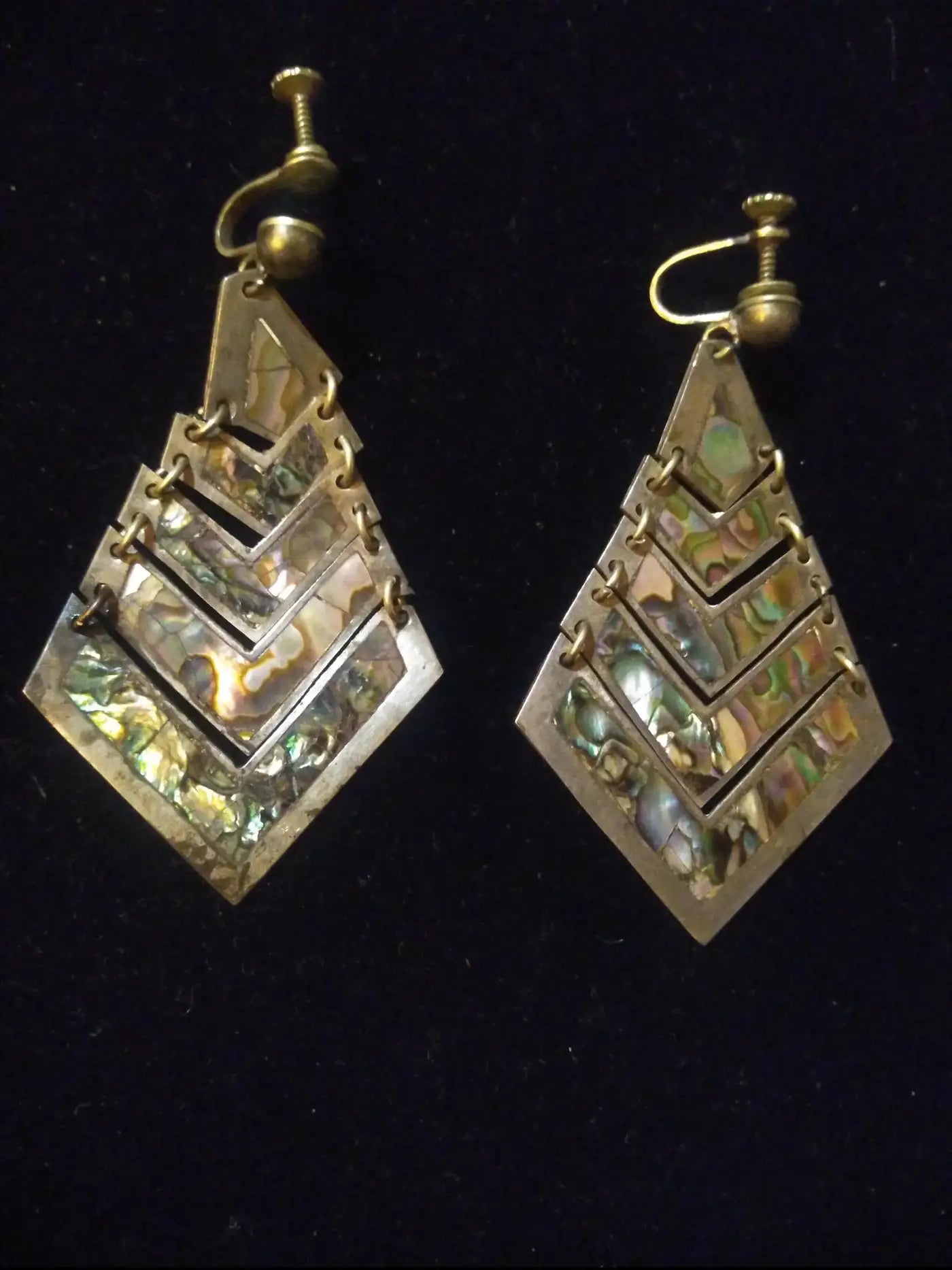 Pair of Mexican Silver TFV Pyramid Earrings with Abalone Accents