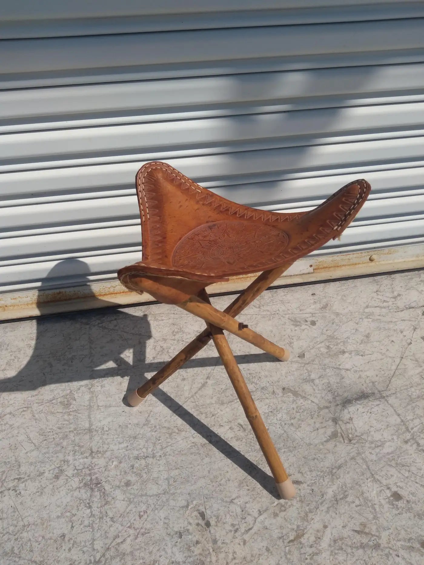 Vintage Mexican Bamboo and Leather Tripod Stool