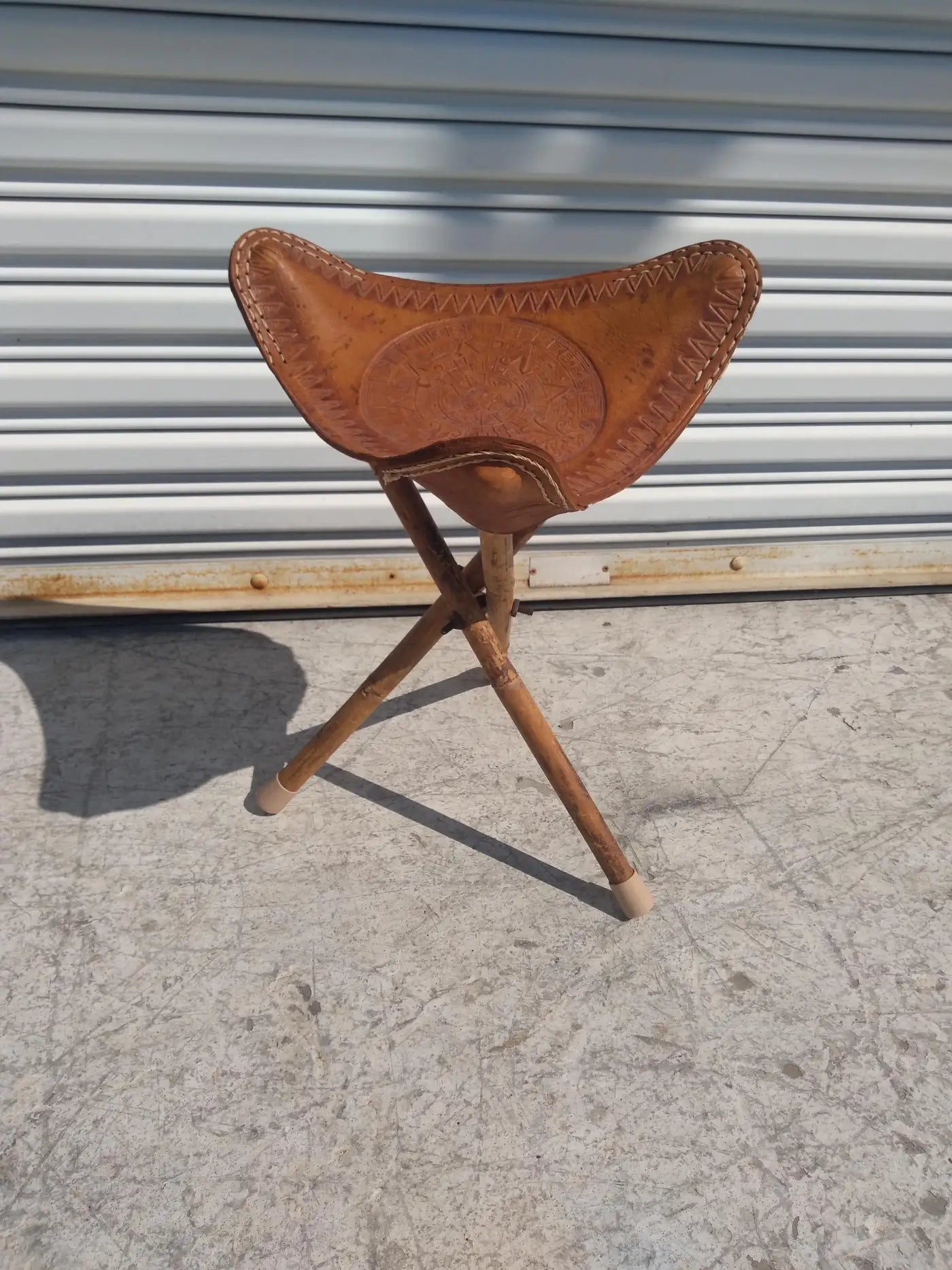 Vintage Mexican Bamboo and Leather Tripod Stool