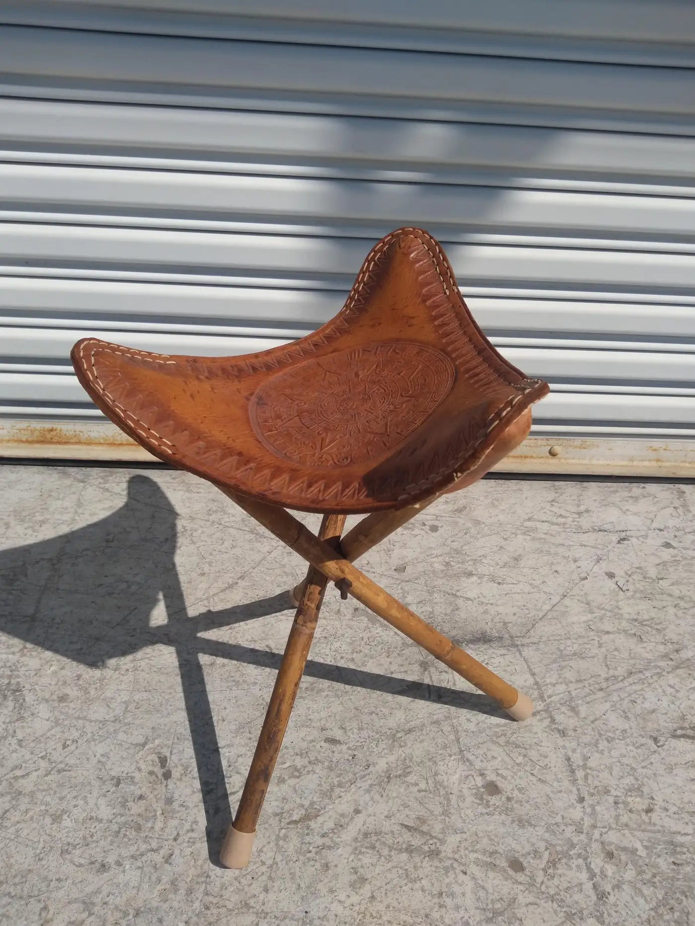 Vintage Mexican Bamboo and Leather Tripod Stool