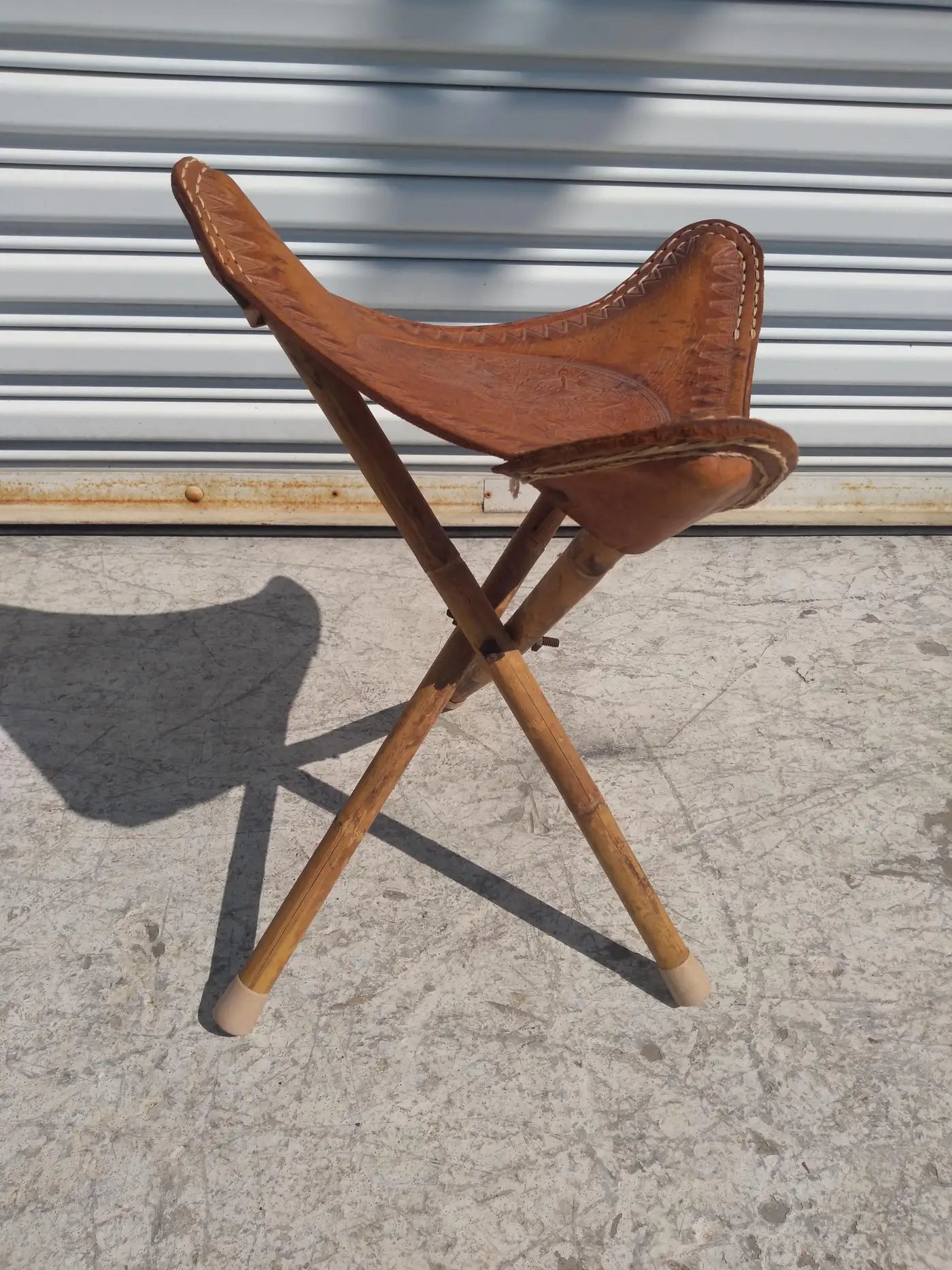 Vintage Mexican Bamboo and Leather Tripod Stool