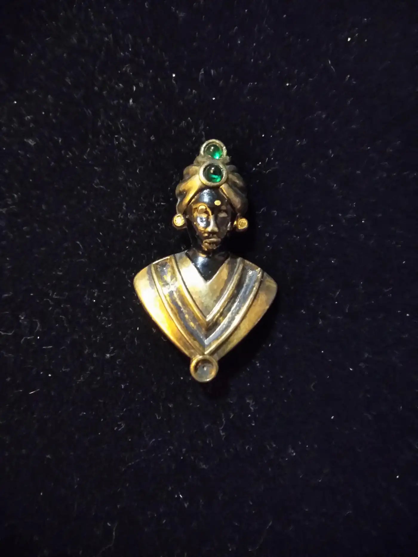 Sterling Silver and Gold Plated Brooch of Moor Wearing Tuban w/ Green Stones