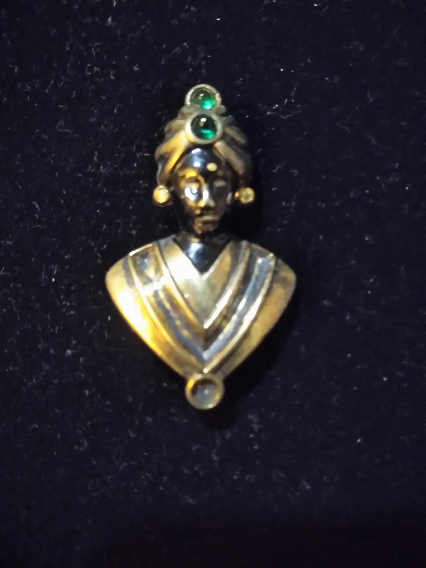 Sterling Silver and Gold Plated Brooch of Moor Wearing Tuban w/ Green Stones