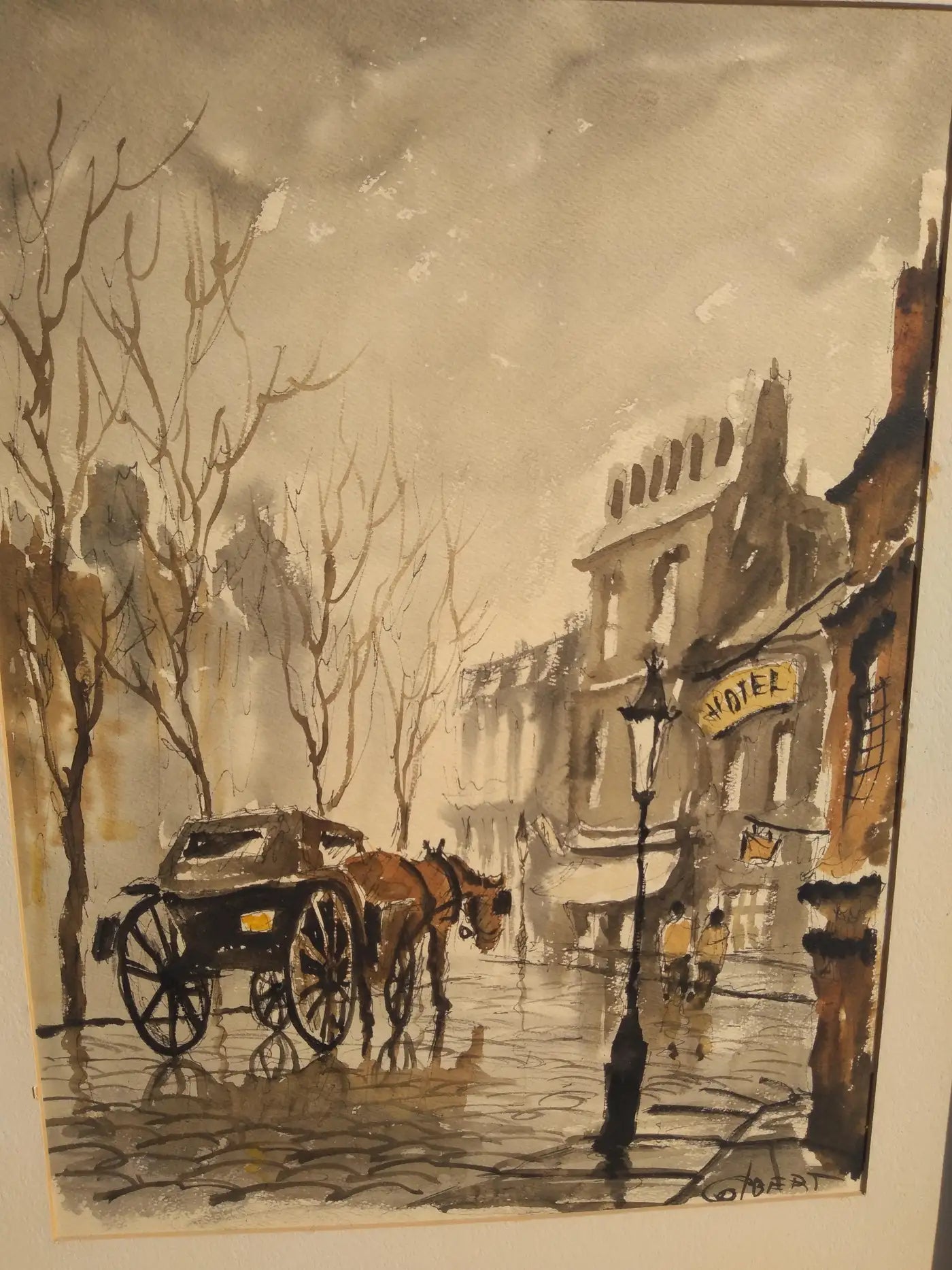 Original Phillip Colbert Horse and Buggy Street Scene Watercolor