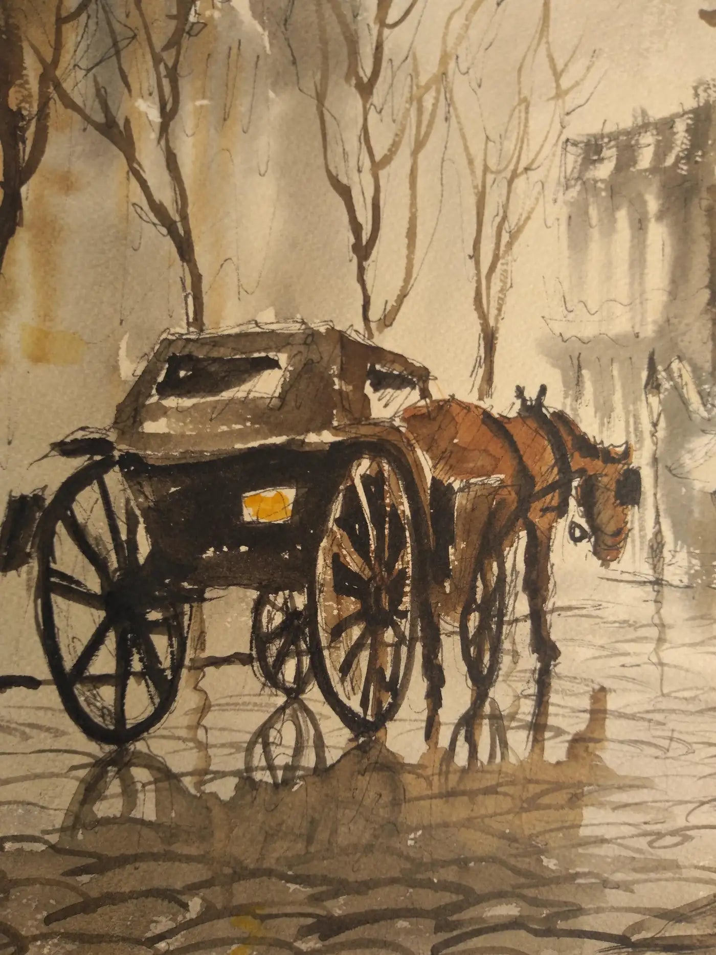 Original Phillip Colbert Horse and Buggy Street Scene Watercolor