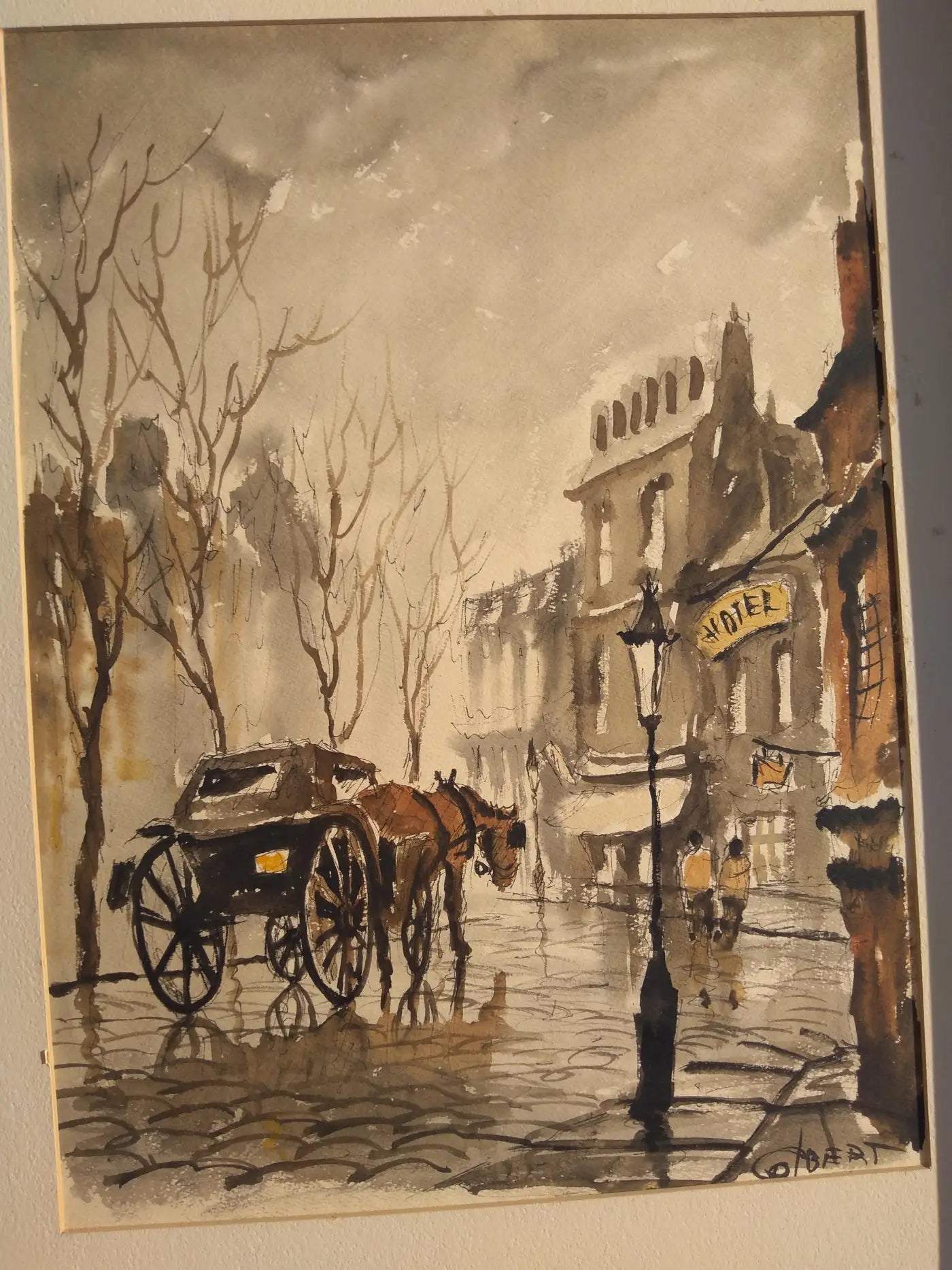 Original Phillip Colbert Horse and Buggy Street Scene Watercolor