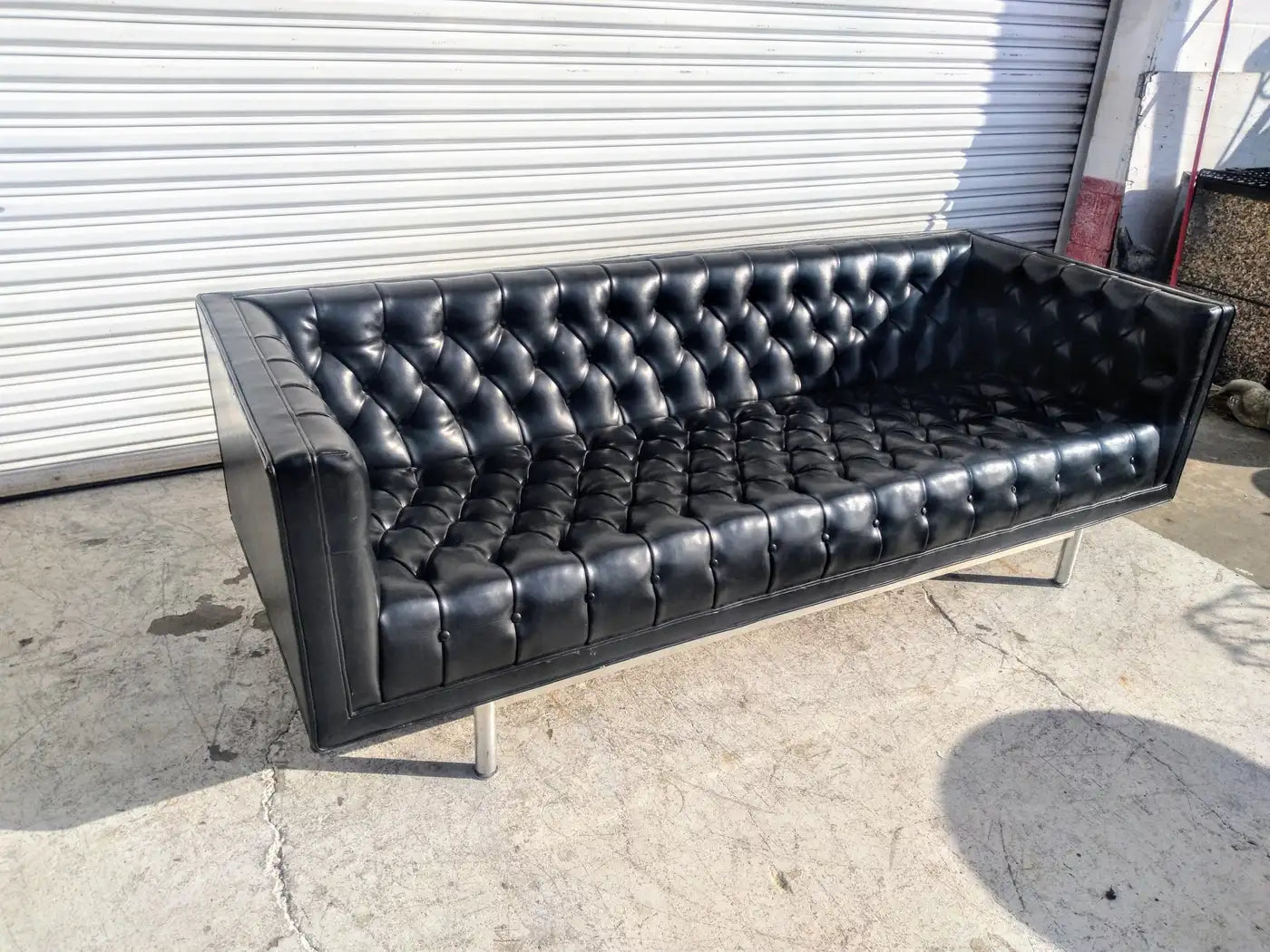 Mid Century Faux Black Leather Jack Cartwright Tufted Even Arm Sofa