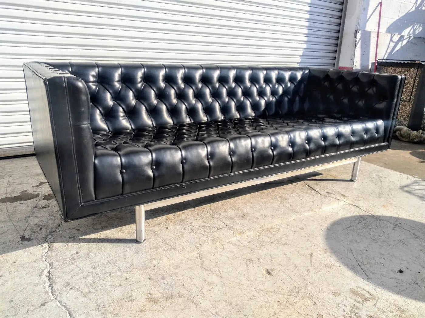 Mid Century Faux Black Leather Jack Cartwright Tufted Even Arm Sofa