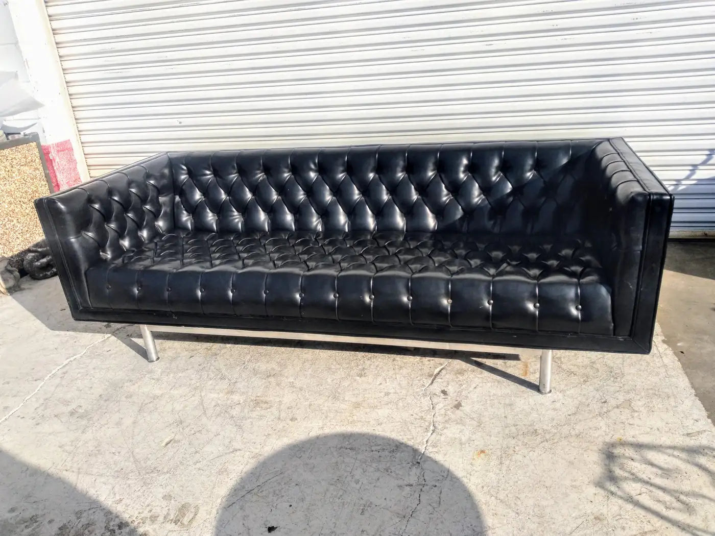 Mid Century Faux Black Leather Jack Cartwright Tufted Even Arm Sofa