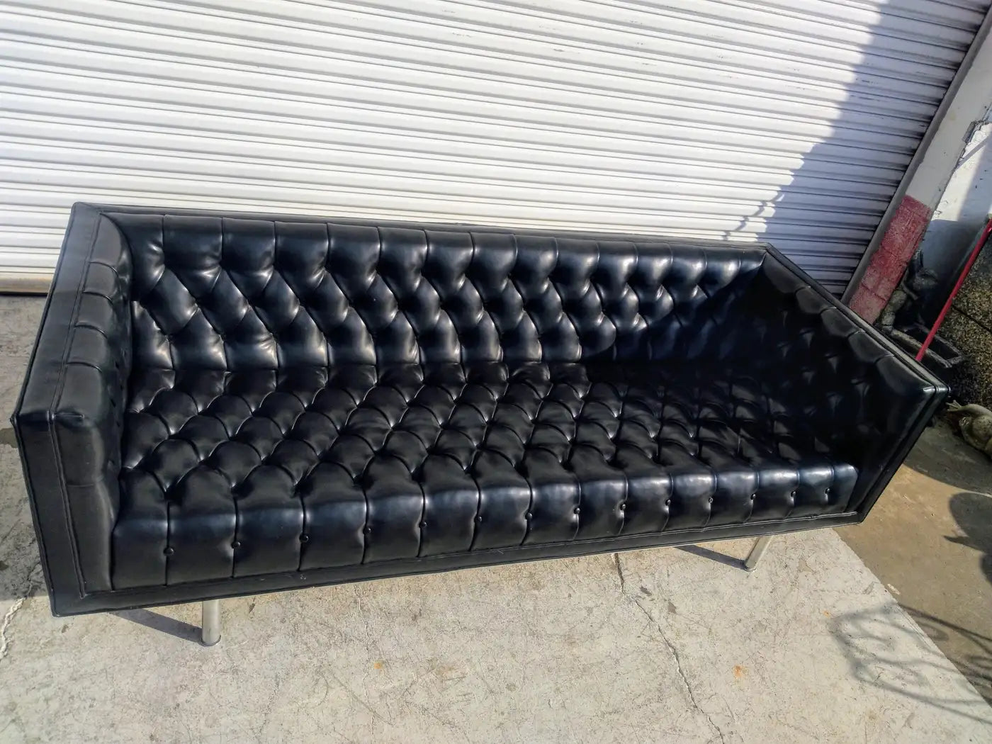 Mid Century Faux Black Leather Jack Cartwright Tufted Even Arm Sofa