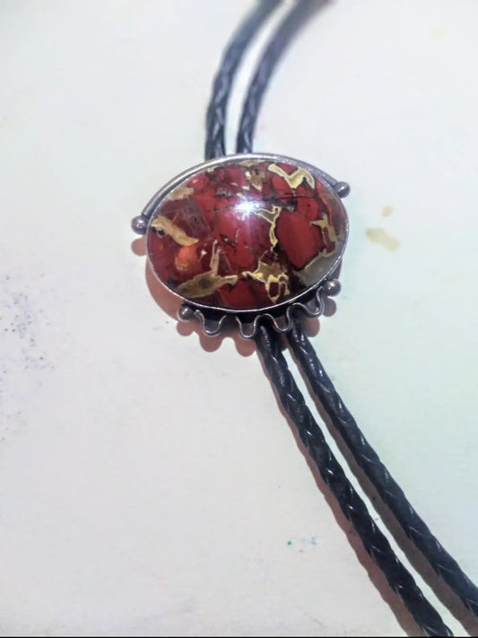 44" Leather & Sterling Silver Bolo Tie w/ Marbled Agate Medallion